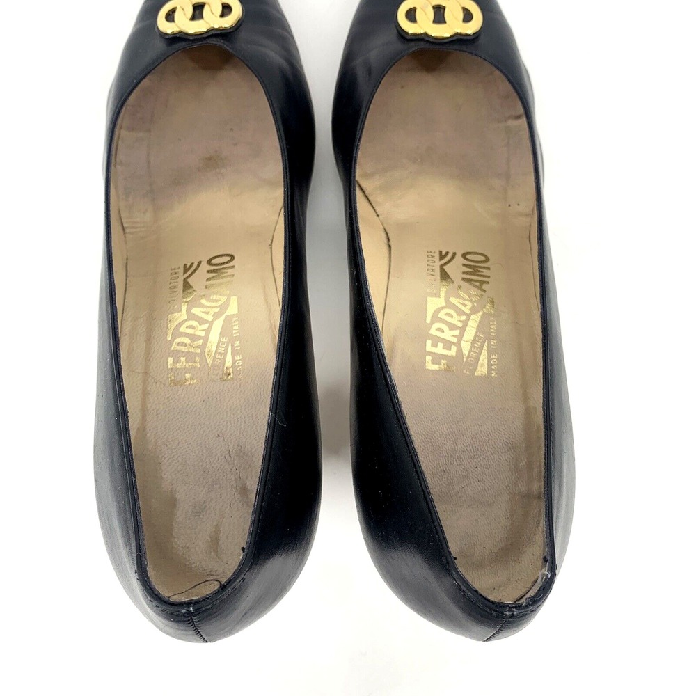 Salvatore Ferragamo Women Matita Black Leather Heel Gold Metal Logo Ring 10 B - Picture 12 of 16